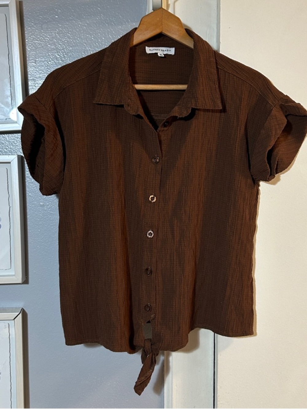 Casual Tie-Front Short Sleeve Shirt - Brown size M